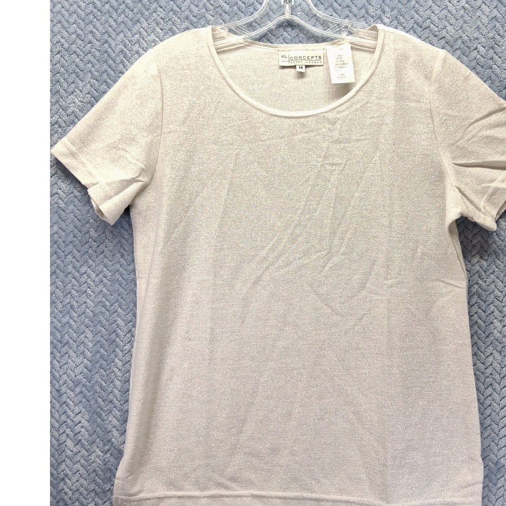 KL Concepts Kathy Landau Silver Metallic Knit Short Sleeve Scoop Neck Top M
